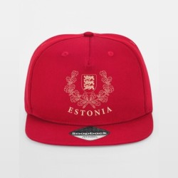 Punane rappercap nokamüts kuldse ESTONIA vapi ja tammelehtedega