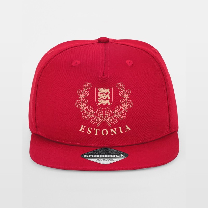 Punane rappercap nokamüts kuldse ESTONIA vapi ja tammelehtedega