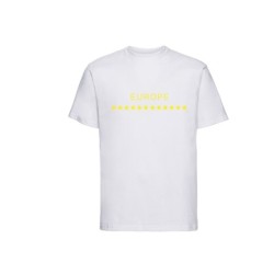 Valge t-särk lühikeste varrukatega ees kollasega EU tähetriip ja kiri EUROPE