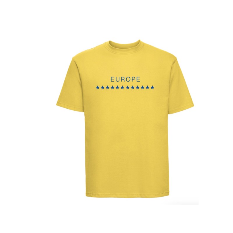 Kollane t-särk lühikeste varrukatega ees sinisega EU tähetriip ja kiri EUROPE