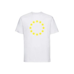 Valge t-särk lühikeste varrukatega ees suurelt kollasega EU tähering