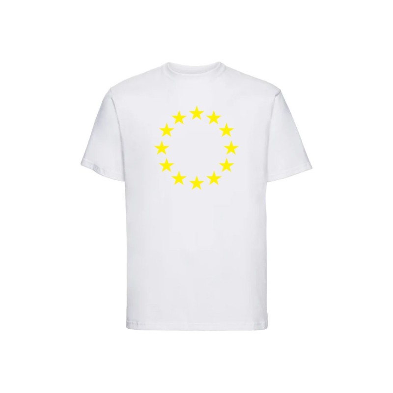 Valge t-särk lühikeste varrukatega ees suurelt kollasega EU tähering