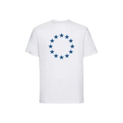 Valge t-särk lühikeste varrukatega ees suurelt sinisega EU tähering