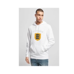 Valge kapuutsiga pusa ees suur Eesti vapp-vimpel ja kiri ESTONIA