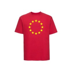 Punane t-särk lühikeste varrukatega ees suurelt kollasega EU tähering