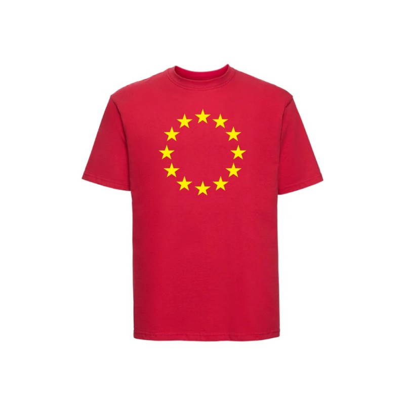 Punane t-särk lühikeste varrukatega ees suurelt kollasega EU tähering