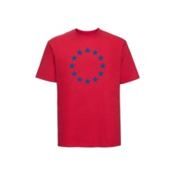 Punane t-särk lühikeste varrukatega ees suurelt sinisega EU tähering