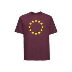 Tumepunane t-särk lühikeste varrukatega ees suurelt kollasega EU tähering