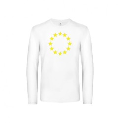 Valge t-särk pikkade varrukatega ees suurelt kollasega EU tähering