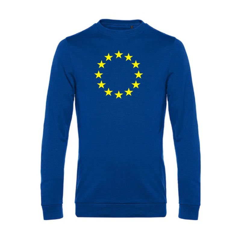 Sinine pusa pikkade varrukatega ees suurelt kollasega EU tähering