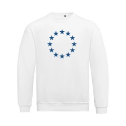 Valge pusa pikkade varrukatega ees suurelt sinisega EU tähering