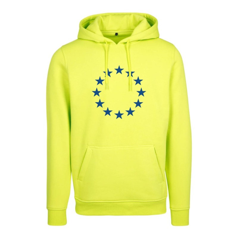 Neoonkollane kapuutsiga pusa ees suurelt sinisega EU tähering
