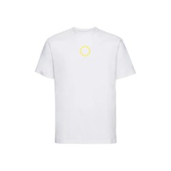 Valge t-särk lühikeste varrukatega ees keskel väike kollasega EU tähering