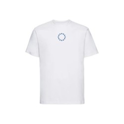 Valge t-särk lühikeste varrukatega ees keskel väike sinisega EU tähering