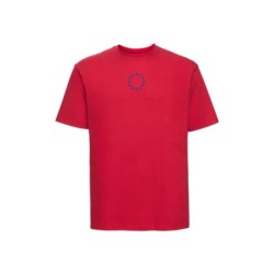 Punane t-särk lühikeste varrukatega ees keskel väike sinisega EU tähering