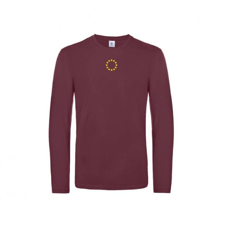 Tumepunane t-särk pikkade varrukatega ees keskel väike kollasega EU tähering