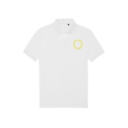 Valge polosärk lühikeste varrukatega ees vasakul kollane EU tähering