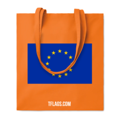 Oranz puuvillane ostukott ühel küljel suurelt EU lipp