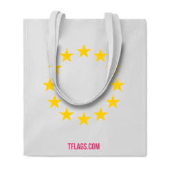 Valge puuvillane ostukott ühel küljel suurelt kollane EU tähering