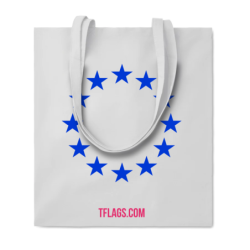Valge puuvillane ostukott ühel küljel suurelt sinine EU tähering