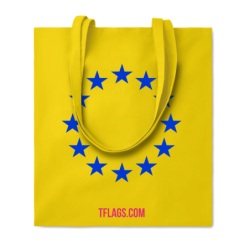 Kollane puuvillane ostukott ühel küljel suurelt sinine EU tähering