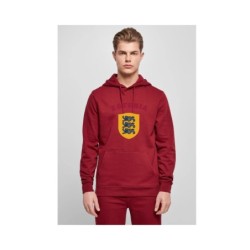 Punane kapuutsiga pusa ees suur Eesti vapp-vimpel ja kiri ESTONIA