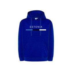 Sinine kapuutsiga pusa ees üle rinna triibuna Eesti lipp ja kiri ESTONIA