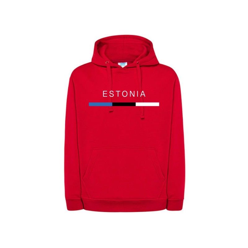 Punane kapuutsiga pusa ees üle rinna triibuna Eesti lipp ja kiri ESTONIA