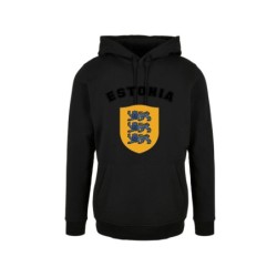 Must kapuutsiga pusa ees suur Eesti vapp-vimpel ja kiri ESTONIA