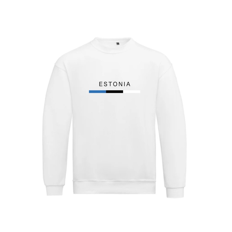 Valge pusa ees Eesti lipp triibuna ja kiri ESTONIA