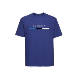 Sinine lühikeste varrukatega t-särk ees Eesti lipp triibuna ja kiri ESTONIA