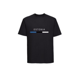 Must lühikeste varrukatega t-särk ees Eesti lipp triibuna ja kiri ESTONIA