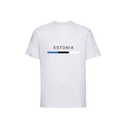 Valge lühikeste varrukatega t-särk ees Eesti lipp triibuna ja kiri ESTONIA