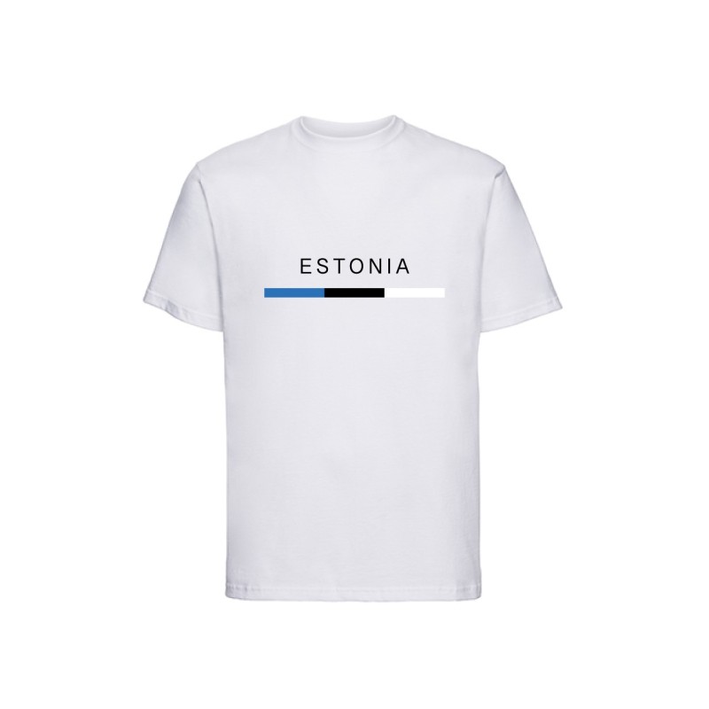 Valge lühikeste varrukatega t-särk ees Eesti lipp triibuna ja kiri ESTONIA