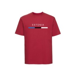 Punane lühikeste varrukatega t-särk ees Eesti lipp triibuna ja kiri ESTONIA