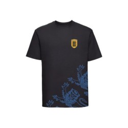 Must lühikeste varrukatega t-särk ja sinine lõvikontuuriga ESTONIA vapp-vimpel