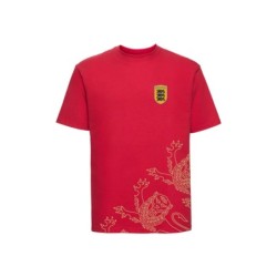 Punane lühikeste varrukatega t-särk ja kuldse lõvikontuuriga ESTONIA vapp-vimpel