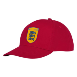 Punane nokamüts ESTONIA kirjaga keskel vapp-vimpel kolme lõviga